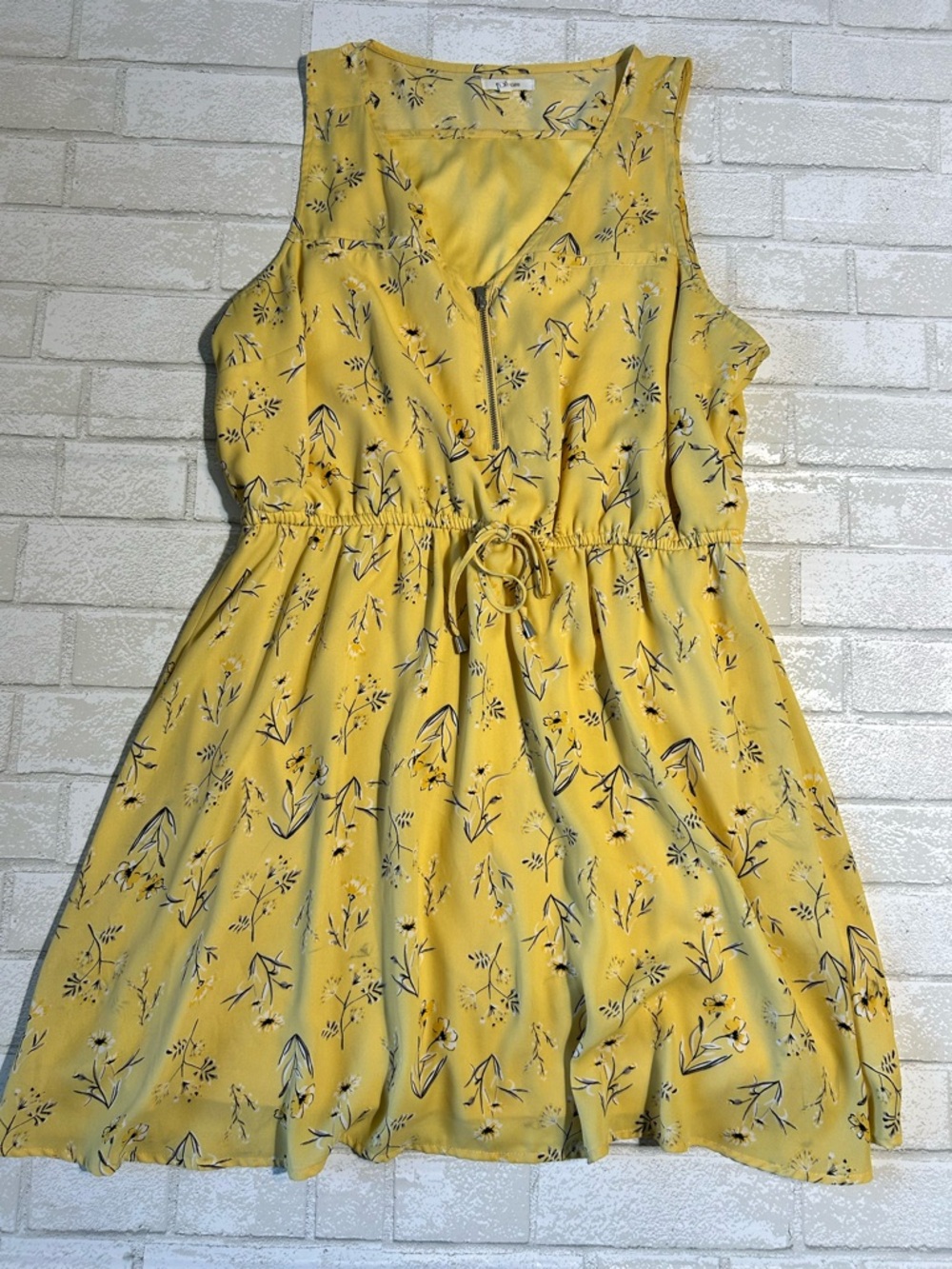 Butter Yellow Floral Sleeveless Drawstring Summer Dress Size XL